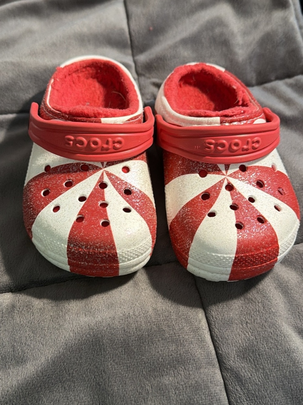CROCS Kids Red & White Candy-Stripe Fleece-Lined Clogs